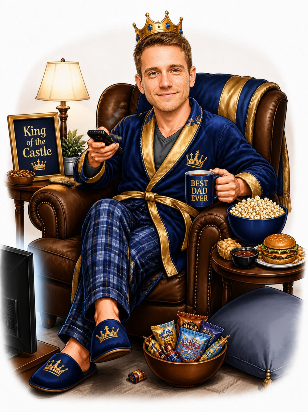 Dad in blue robe and crown with Best Dad mug, remote, throne chair and snacks.