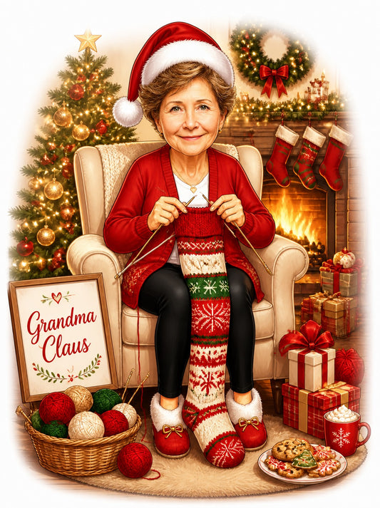 Grandma knitting a long Christmas stocking, wearing a Santa hat beside a Grandma Claus sign.