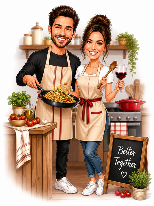 Smiling couple in aprons cooking pasta, wine in hand, Better Together chalkboard sign.