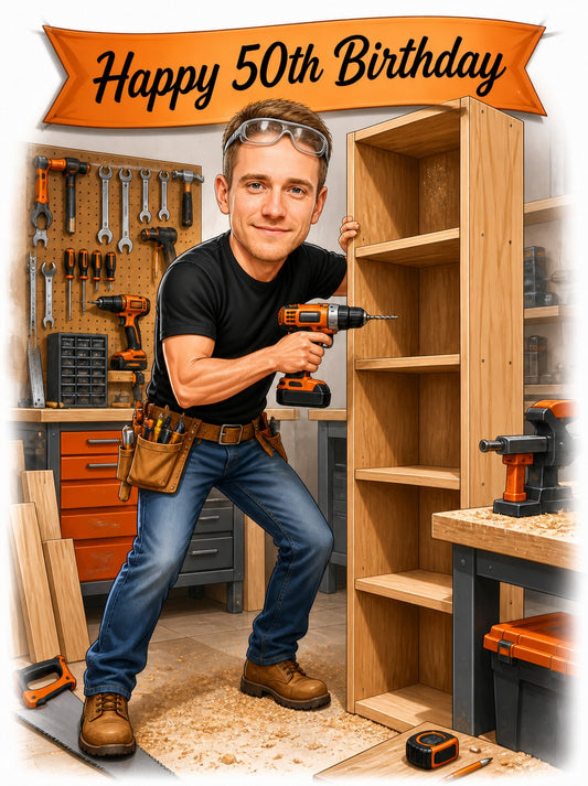 Man in workshop assembling wooden shelf with drill, tool belt, and birthday banner.