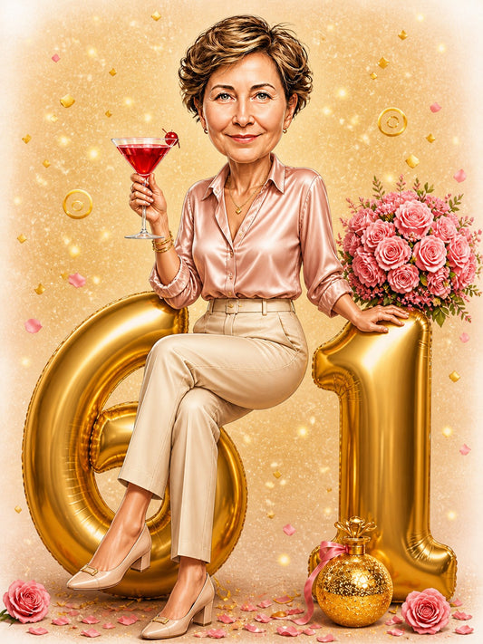 Woman sitting on giant golden age balloons with martini and pink roses bouquet.