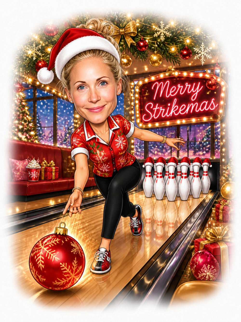 Woman bowling in Santa hat with ornament bowling ball and Merry Strikemas neon sign.