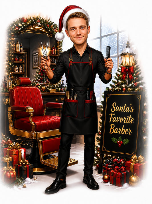 Barber in Santa hat holding scissors and comb beside red barber chair