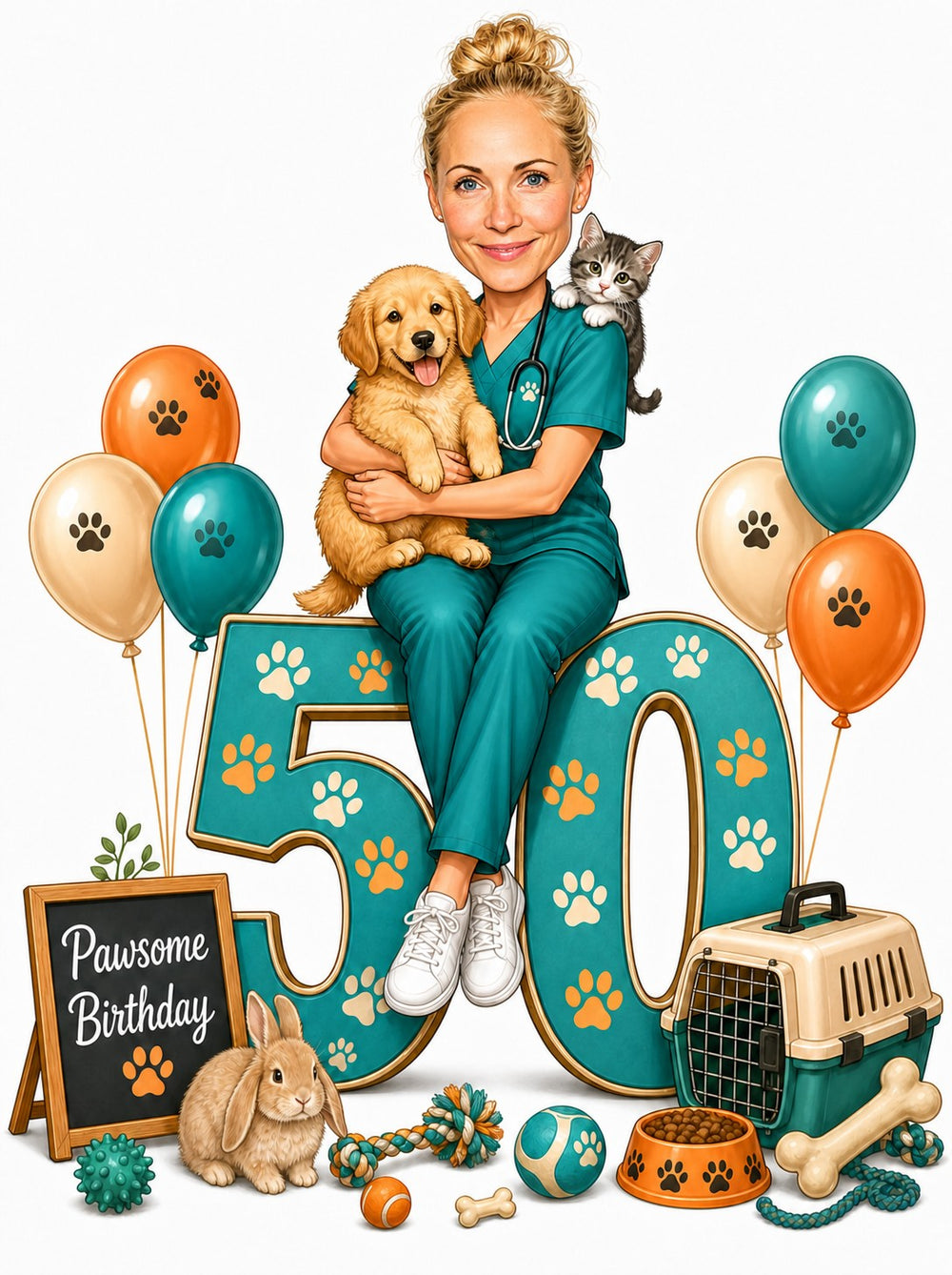 Female veterinarian on giant age number with puppy, kitten, paw balloons