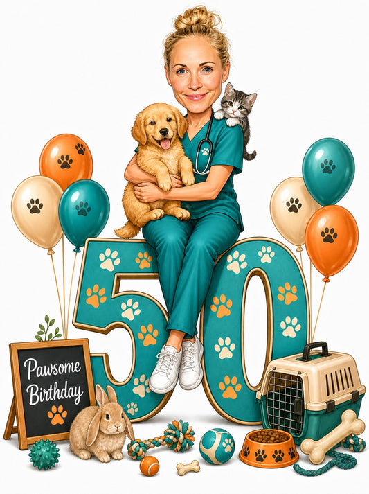 Female veterinarian on giant age number with puppy, kitten, paw balloons