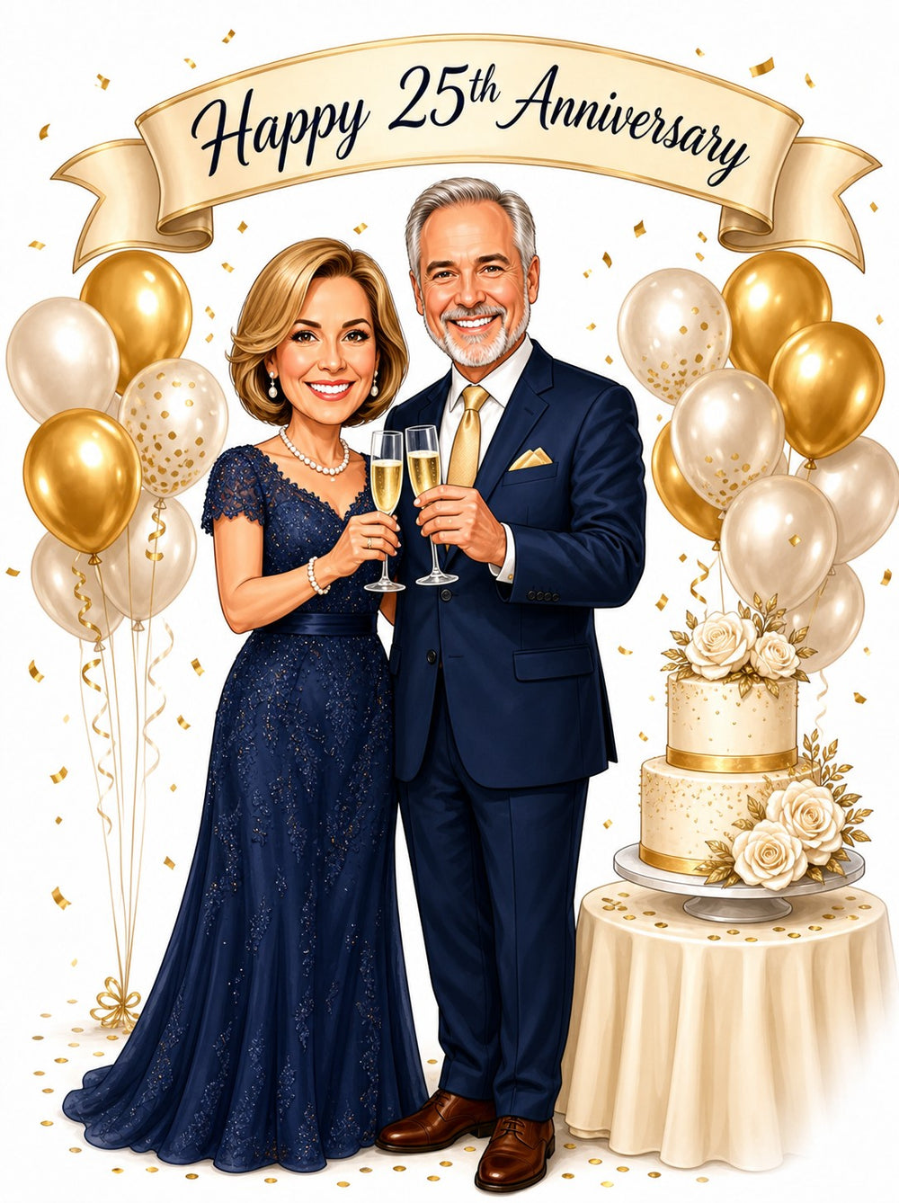 Elegant anniversary couple caricature with champagne, gold balloons, confetti, and a tiered rose cake.