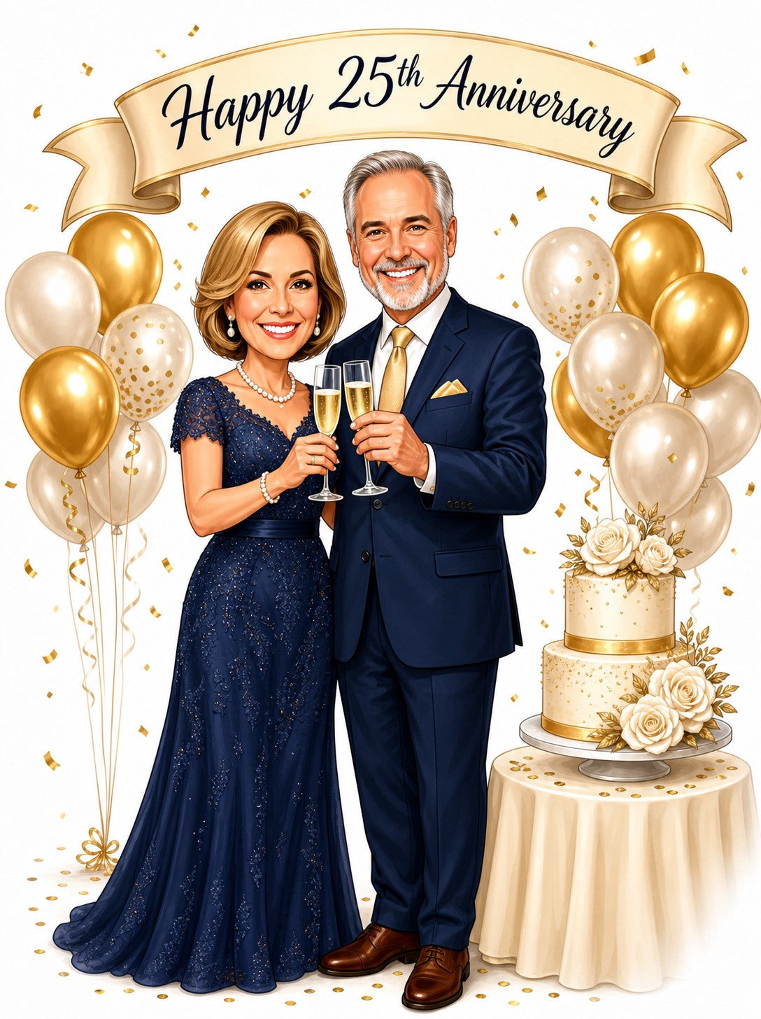 Elegant anniversary couple caricature with champagne, gold balloons, confetti, and a tiered rose cake.