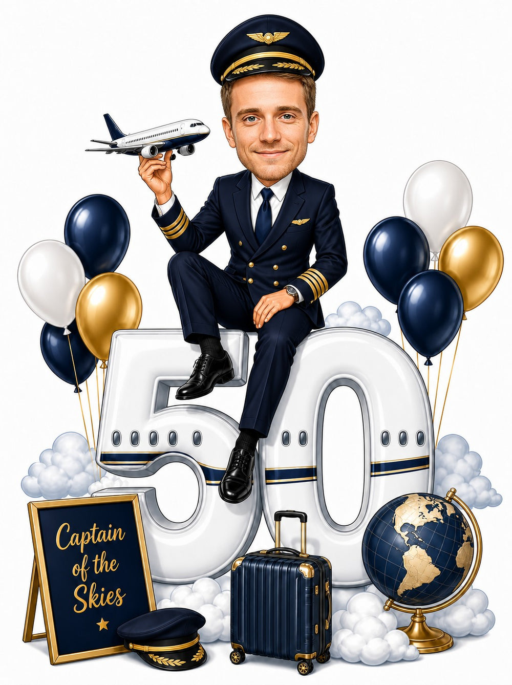 Male airline pilot caricature sitting on giant 50, holding jet, navy-gold balloons.
