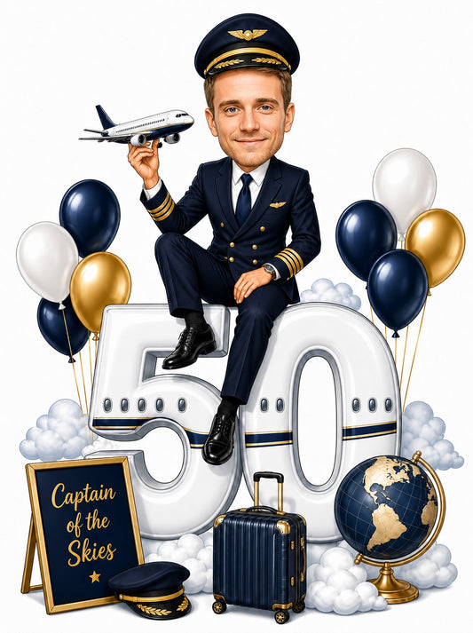 Male airline pilot caricature sitting on giant 50, holding jet, navy-gold balloons.