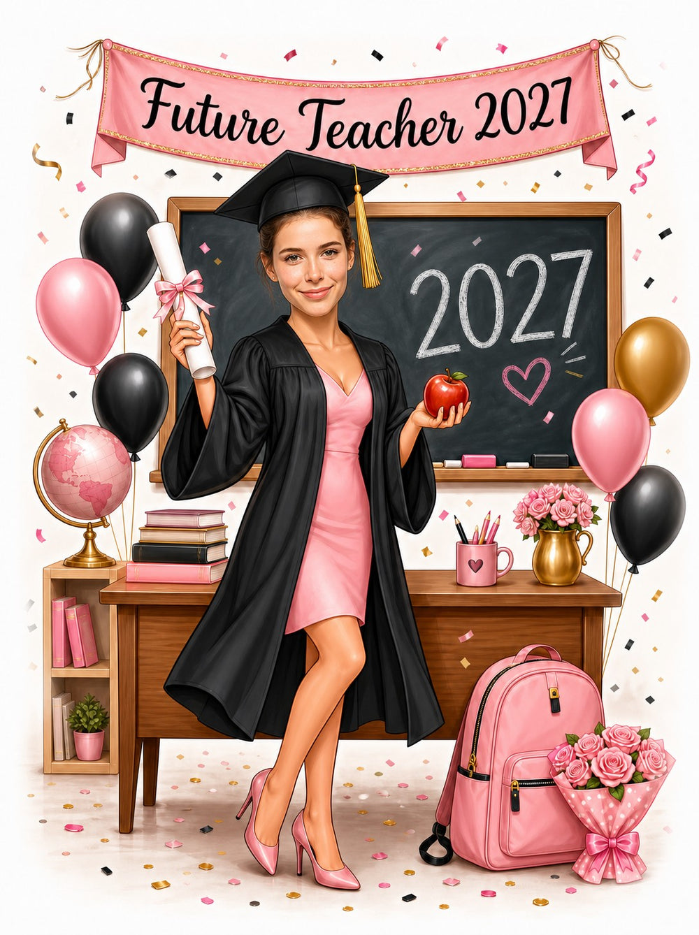 Female teacher graduate caricature with Future Teacher 2027 banner, chalkboard, globe, balloons, pink backpack.