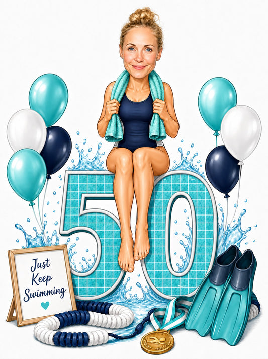 Woman swimmer sits on giant 50 with teal towel, balloons, fins and Just Keep Swimming sign.
