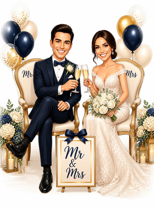 Bride and groom toasting on gold chairs with Mr & Mrs sign and balloons.