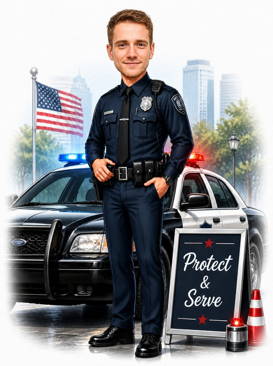 Male police officer caricature with patrol car, badge, Protect & Serve sign.