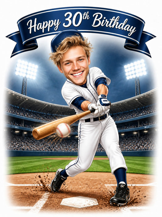 Baseball player caricature batting in stadium with Happy 30th Birthday banner