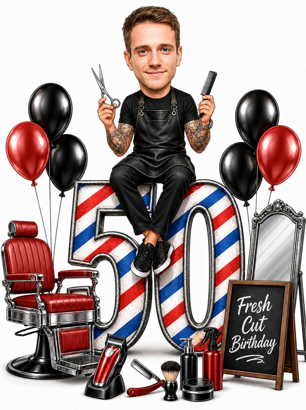 Barber birthday caricature man on striped 50 holding scissors and comb