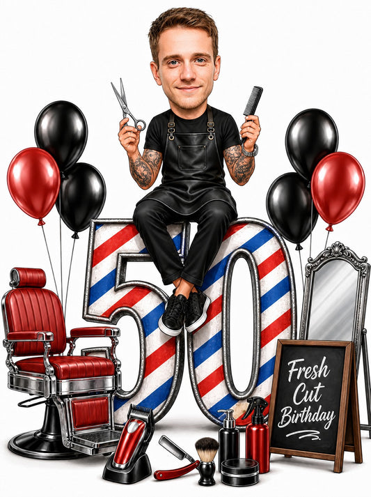 Barber birthday caricature man on striped 50 holding scissors and comb