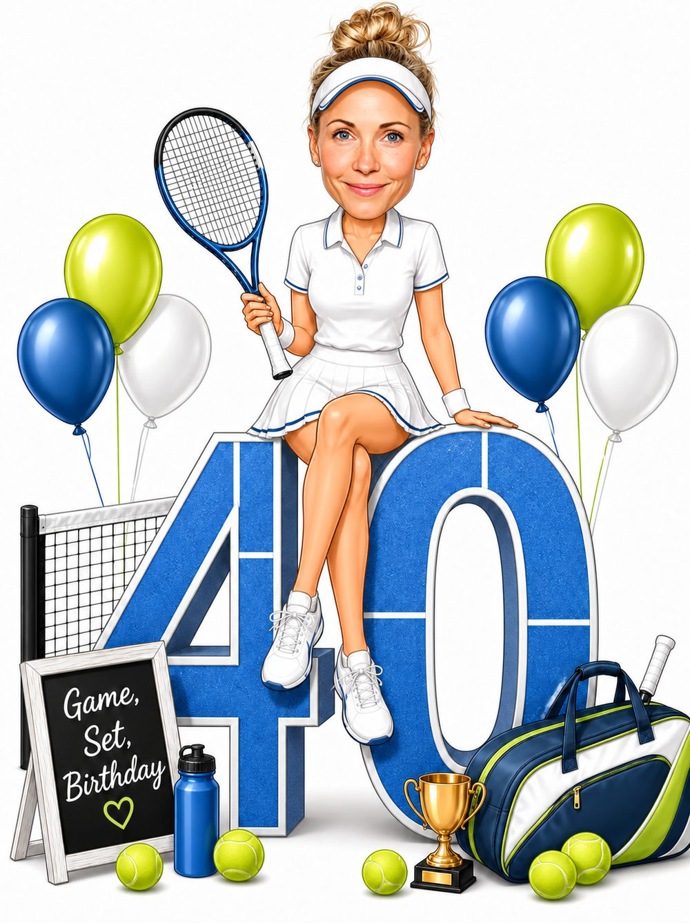 Woman tennis caricature sitting on giant age number, racket, balloons, chalkboard sign.