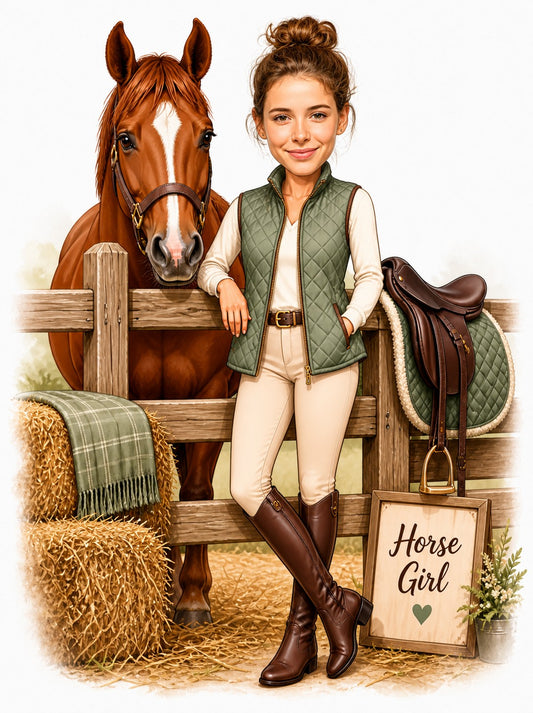 Woman rider with chestnut horse by fence, green quilted vest, saddle, and Horse Girl sign.