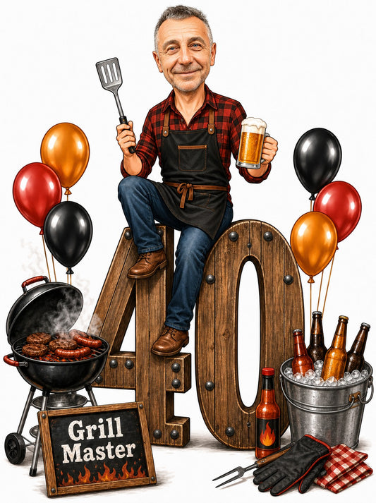 Man on giant wooden age 40, spatula and beer, smoking BBQ grill.