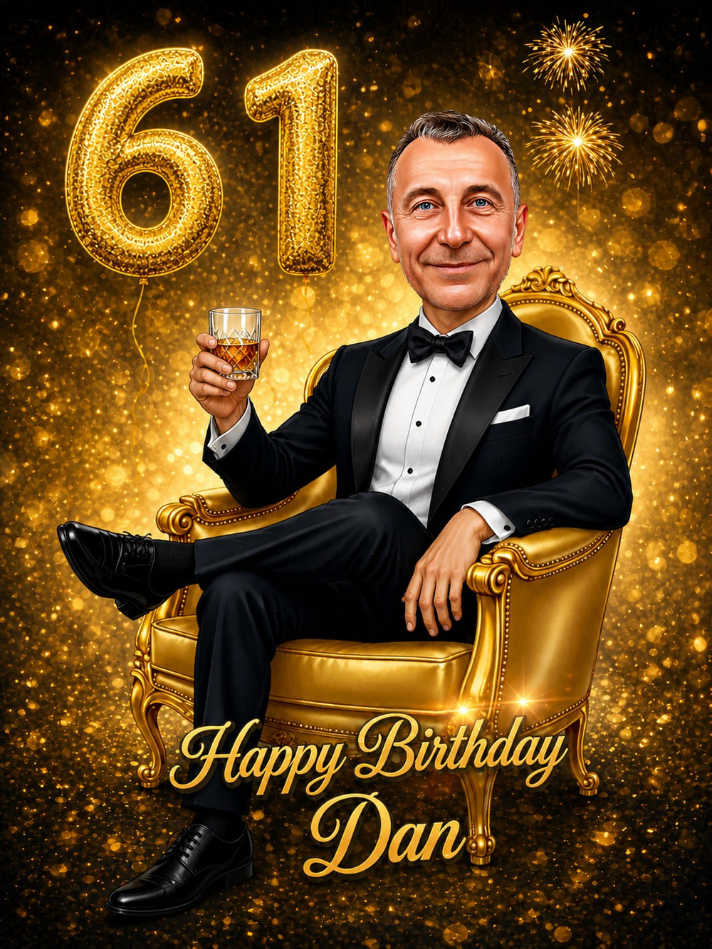Man in tuxedo on golden armchair with 61 balloons and sparkles.