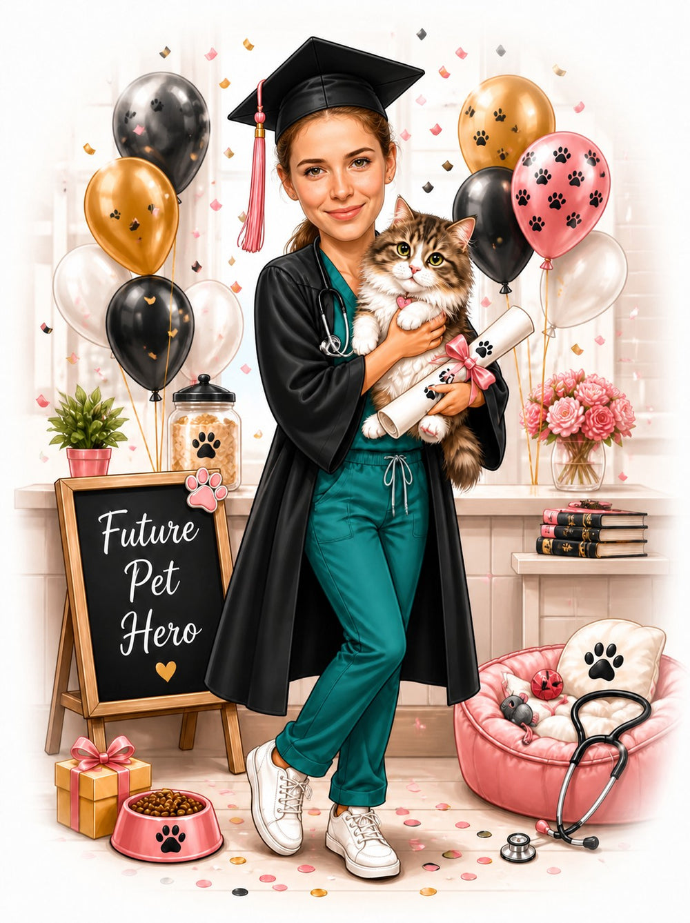Vet school graduate woman holding cat and diploma, paw-print balloons, Future Pet Hero sign.