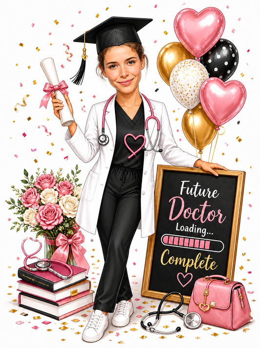 Woman in white coat and scrubs with stethoscope, diploma, and Future Doctor sign.
