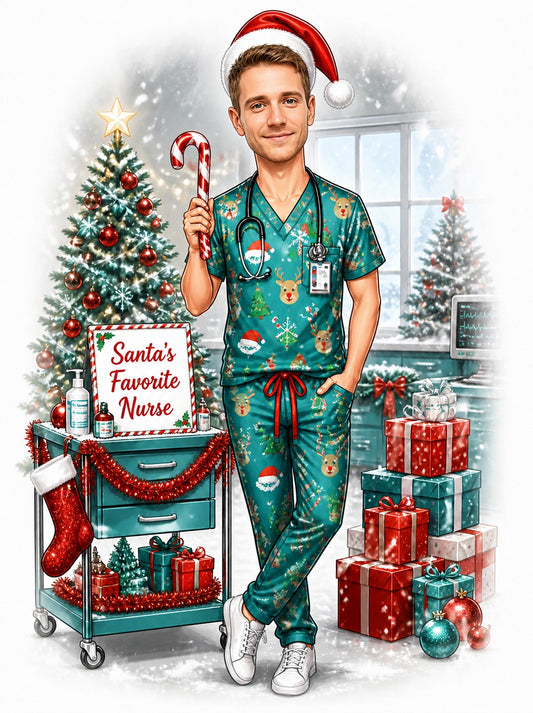 Male nurse in Santa hat and festive scrubs holding a candy cane beside “Santa’s Favorite Nurse” sign.