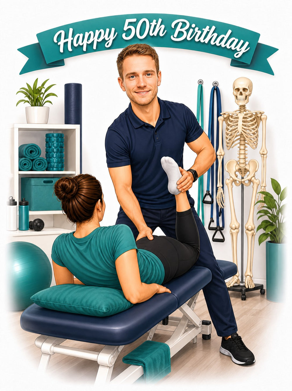 Male physical therapist stretching patient’s leg on table, Happy 50th Birthday banner, clinic gear and skeleton.