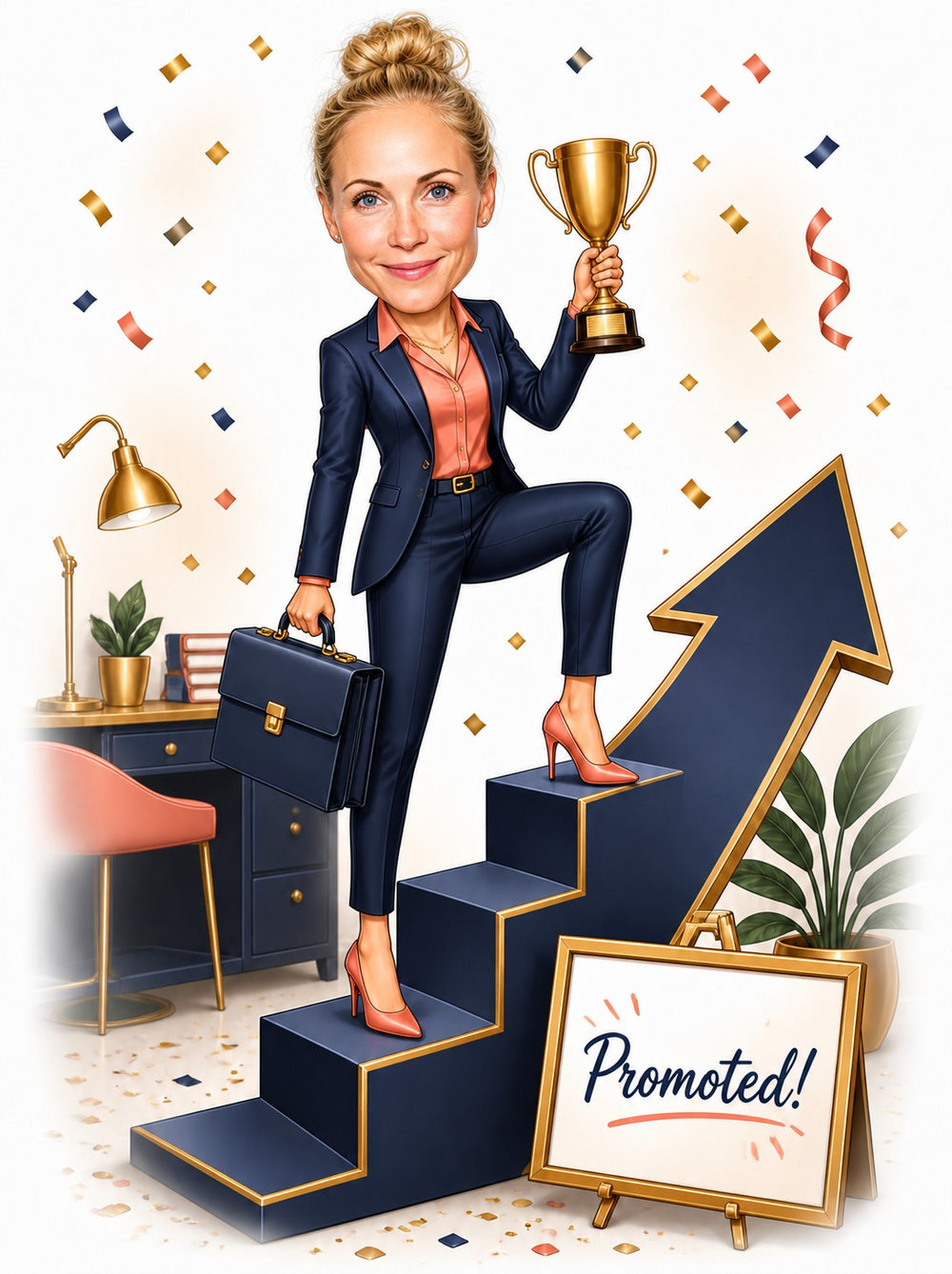 Businesswoman on arrow steps with trophy, briefcase, and Promoted sign amid confetti.