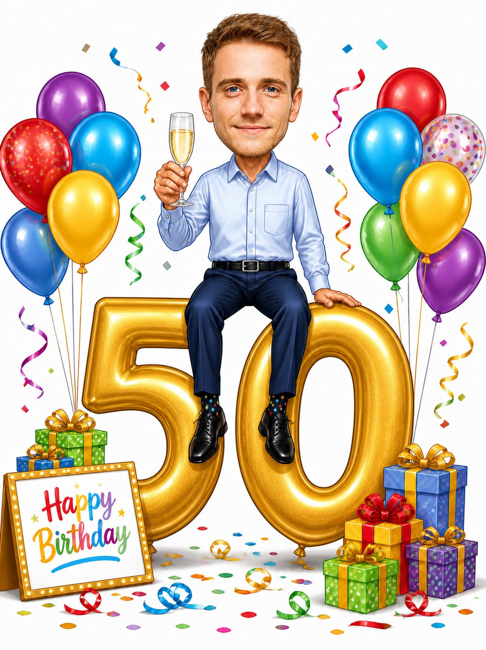 Man sitting on giant golden 50 with champagne, balloons, confetti and gift boxes.