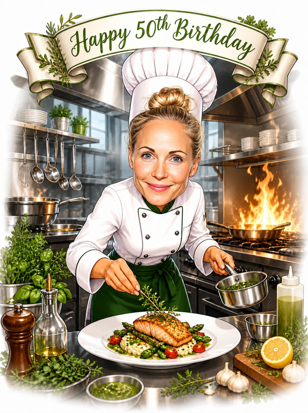 Female chef birthday caricature plating salmon over risotto, flaming pan in stainless kitchen
