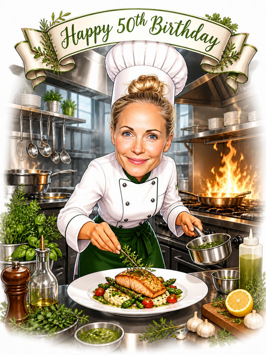 Female chef birthday caricature plating salmon over risotto, flaming pan in stainless kitchen