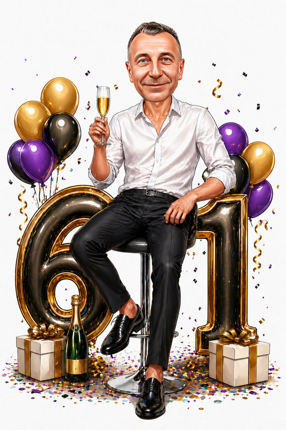 Man toasting on stool beside giant gold 61 balloons, purple and black balloons, gifts, confetti.