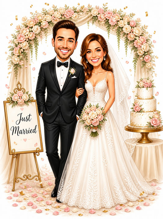 Wedding couple caricature under floral arch with Just Married sign and cake
