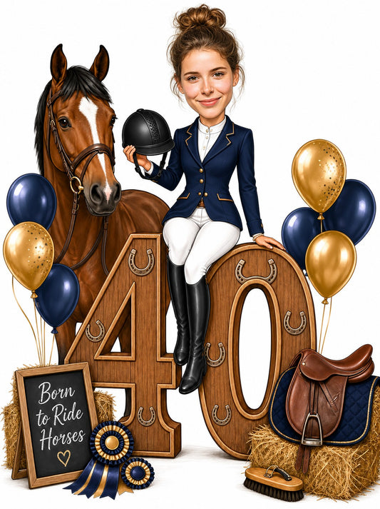 Equestrian woman on giant 40 with horse, helmet, saddle, balloons and rosettes.
