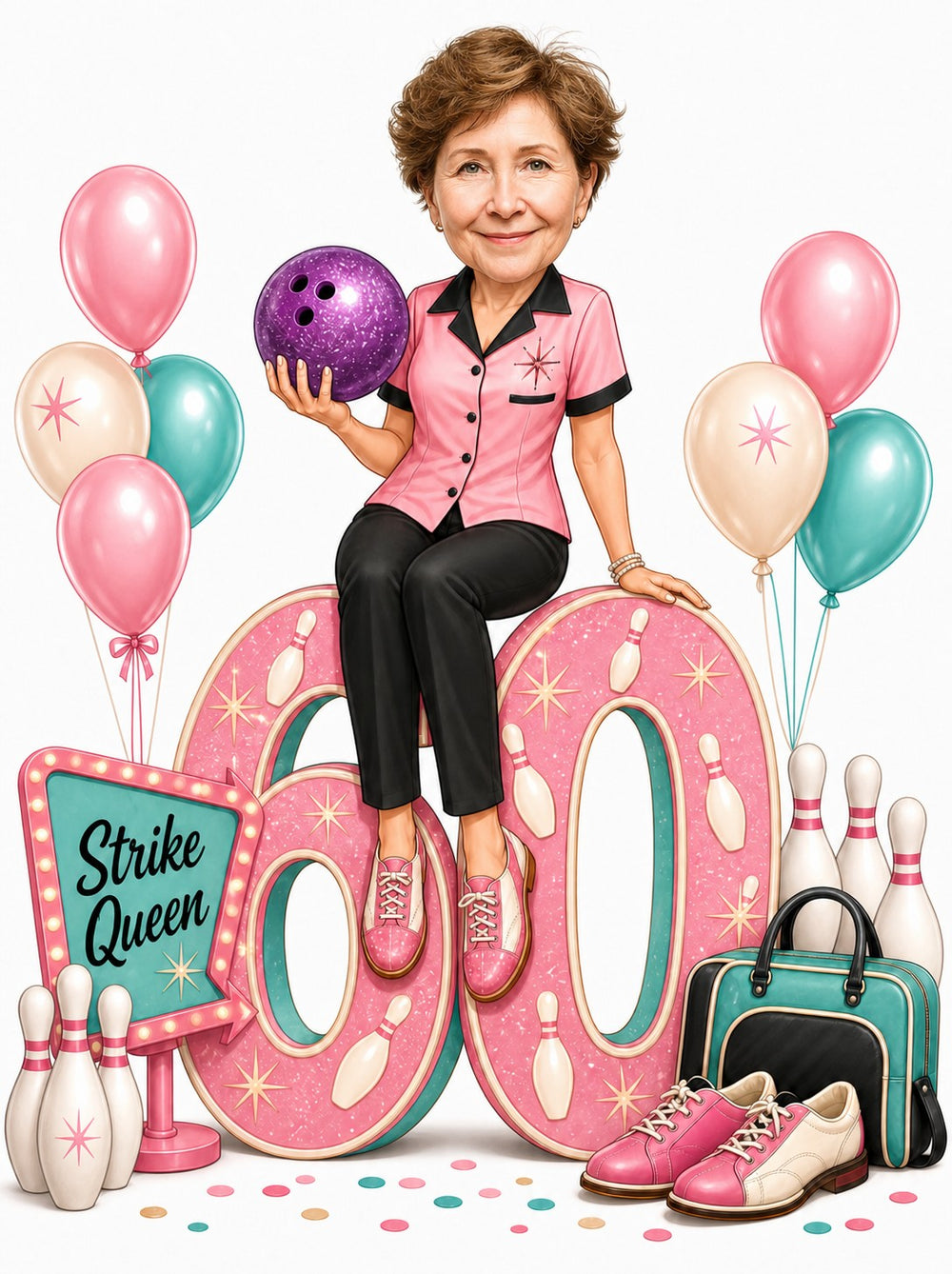 Woman on giant birthday number with purple bowling ball, Strike Queen sign, pins and balloons.