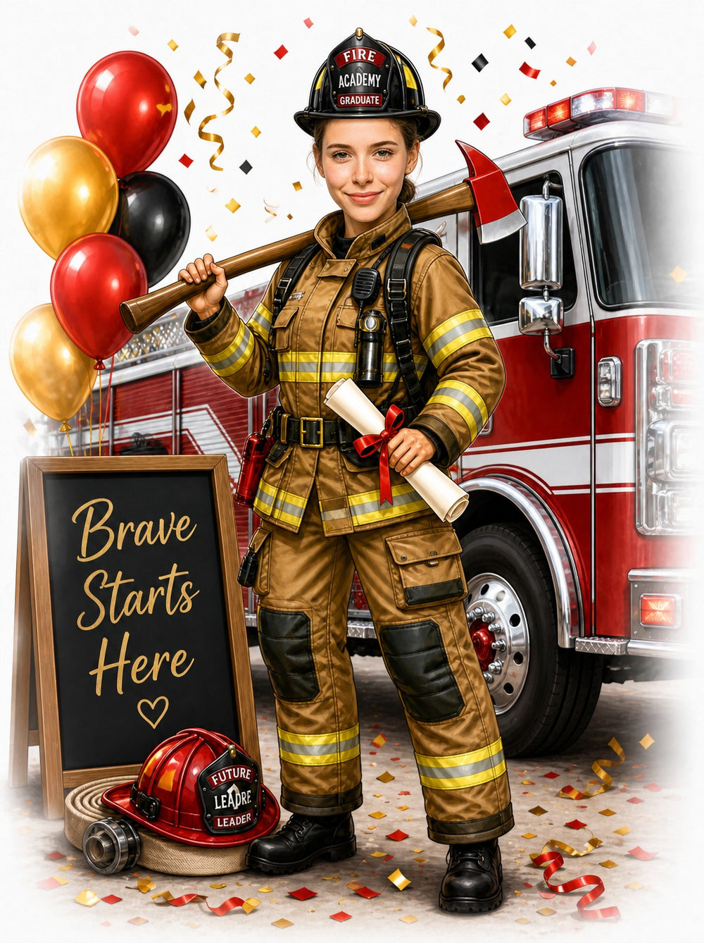 Female fire academy graduate in turnout gear with axe, diploma, balloons and fire engine.