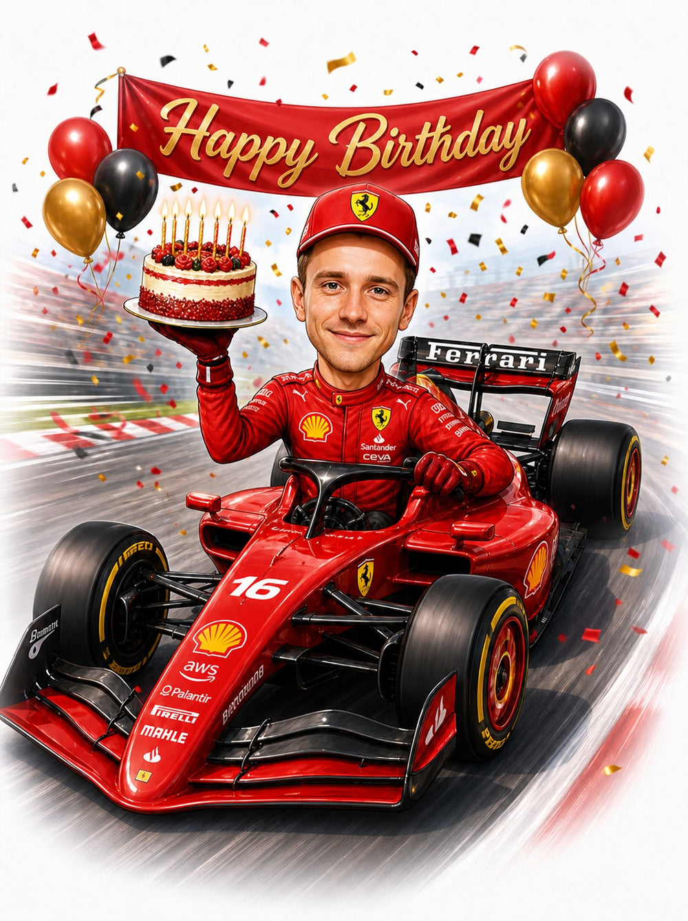 Red formula race car with driver holding cake, Happy Birthday banner, balloons and confetti.
