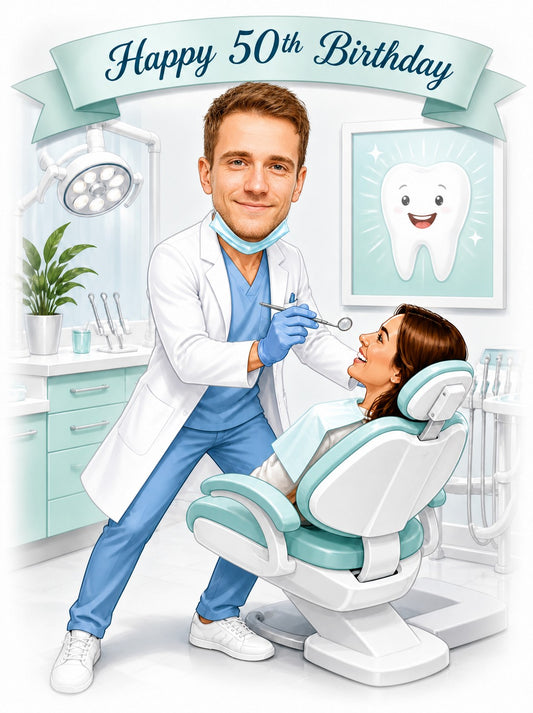 Male dentist caricature with Happy 50th Birthday banner and mint dental chair.