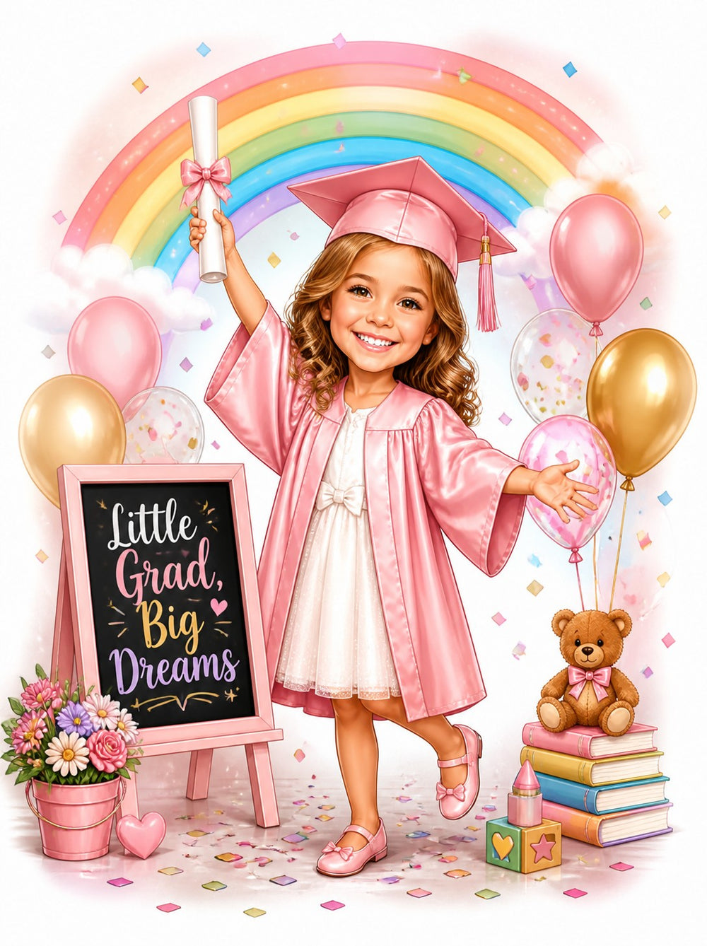 Kindergarten graduation caricature with pink gown, diploma, rainbow and balloons