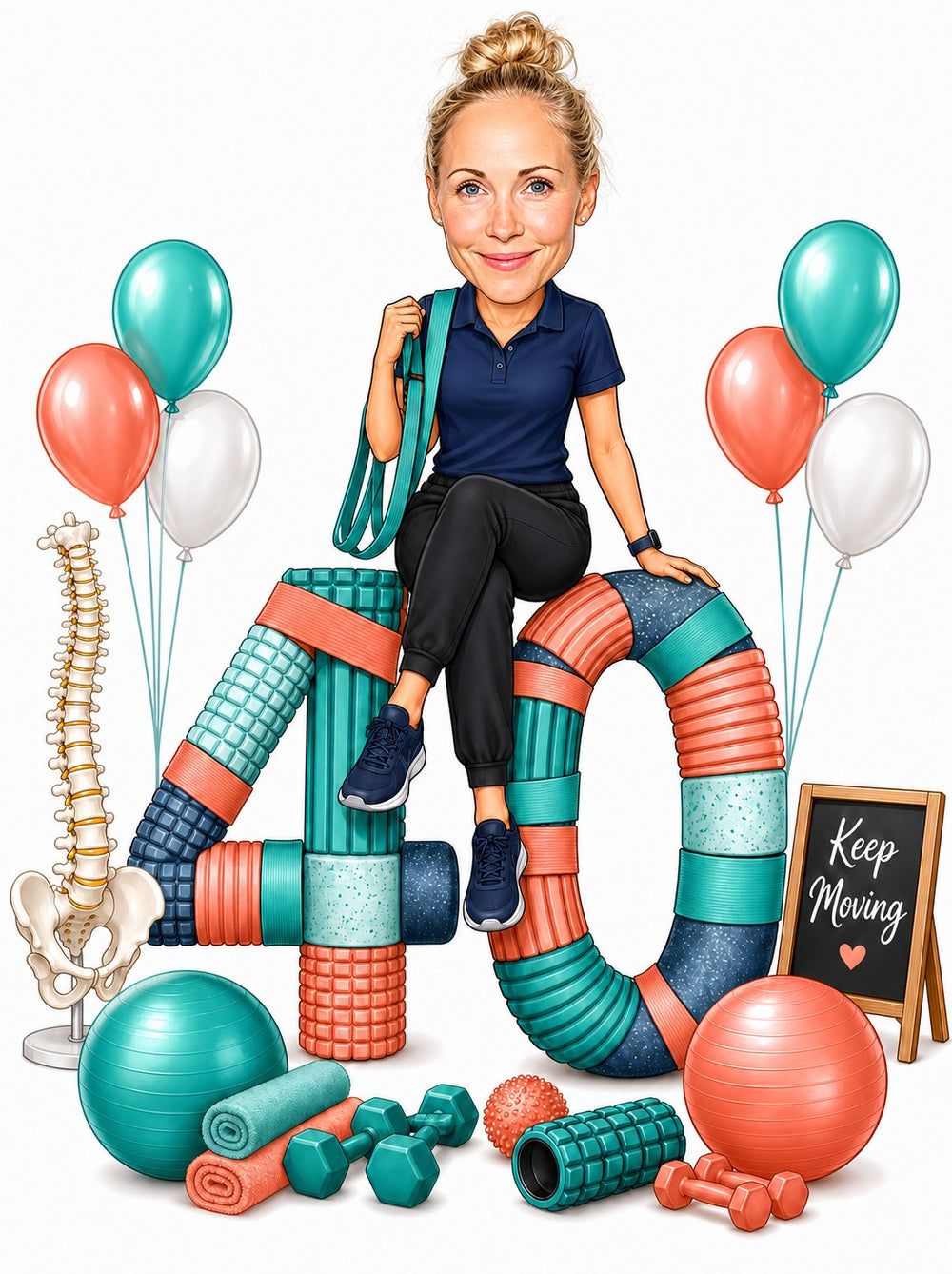 Female physical therapist sits on giant foam-roller 40 with balloons and Keep Moving sign.
