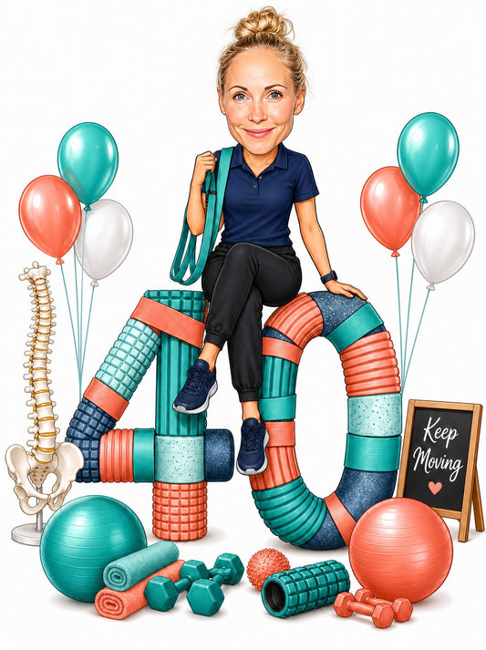 Female physical therapist sits on giant foam-roller 40 with balloons and Keep Moving sign.