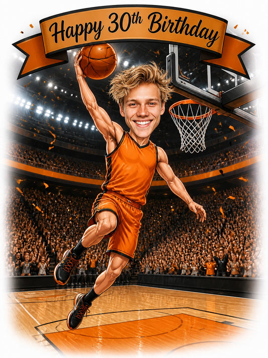 Basketball birthday caricature of man dunking in orange jersey, arena crowd, banner overhead.