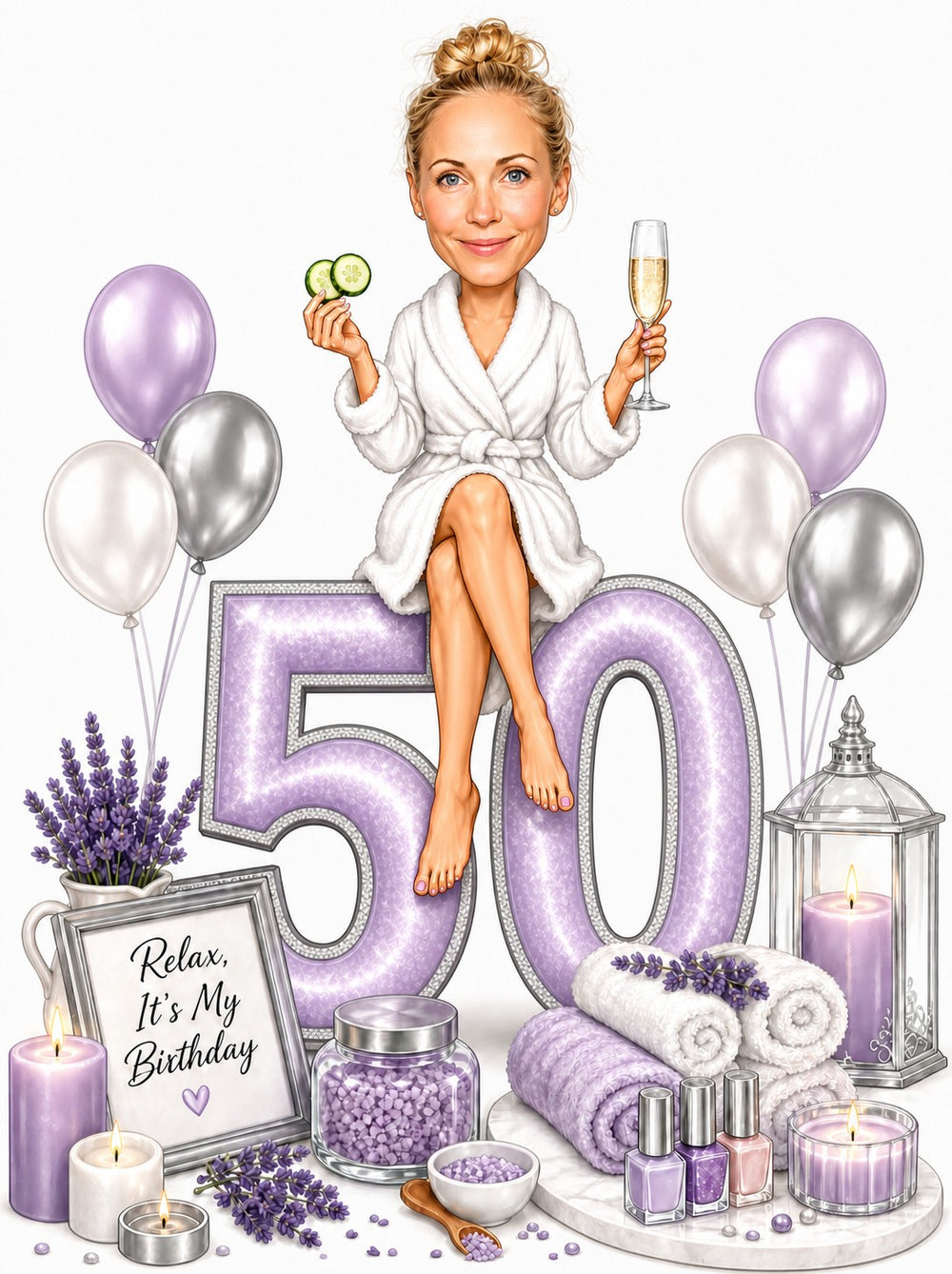 Woman in white robe on giant 50 with champagne, cucumbers, lavender candles, balloons.
