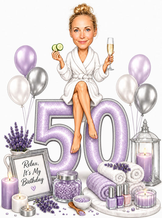Woman in white robe on giant 50 with champagne, cucumbers, lavender candles, balloons.