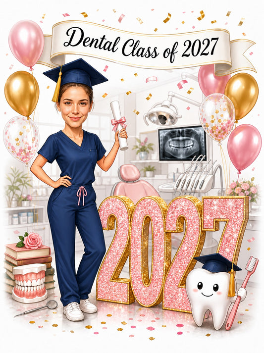 Female dental graduate in navy scrubs, diploma, Class of 2027 banner, clinic scene.