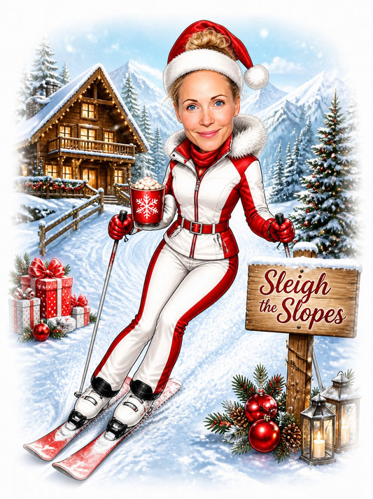 Woman skiing in red-white suit with Santa hat, sign reads Sleigh the Slopes.