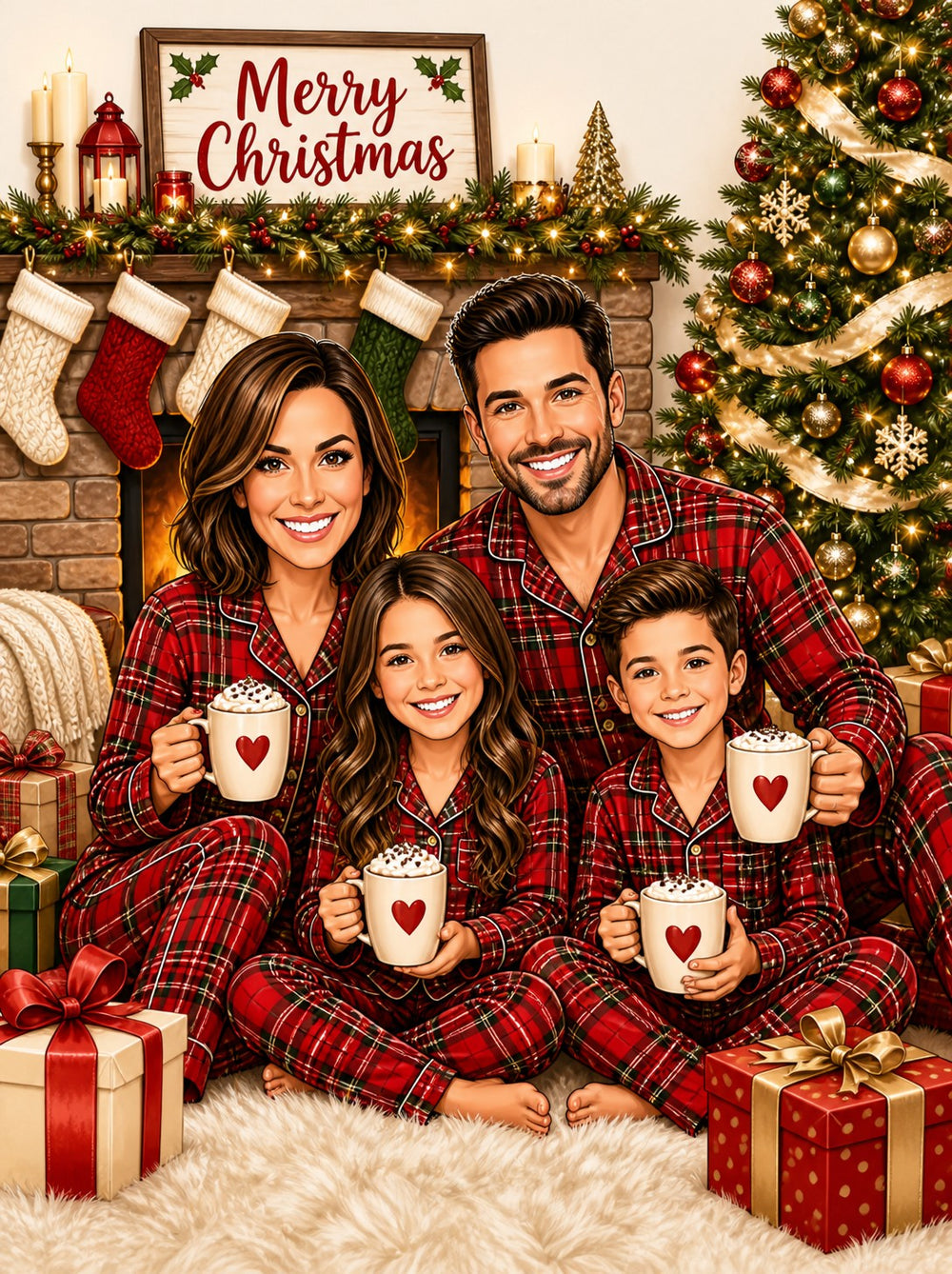 Family in matching red plaid pajamas holding heart mugs by fireplace and tree.