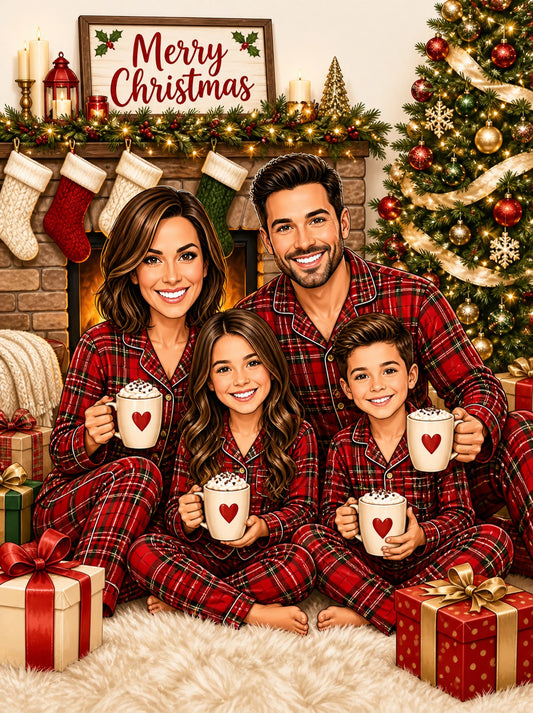Family in matching red plaid pajamas holding heart mugs by fireplace and tree.
