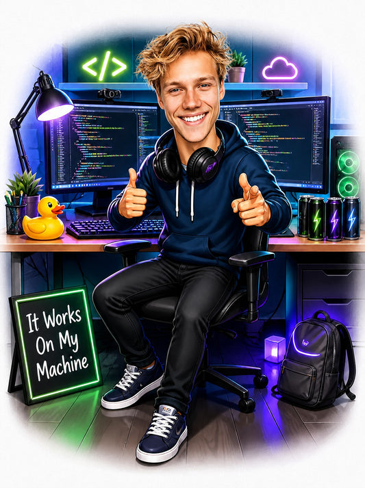 Programmer at dual monitors with code, hoodie, headphones, neon signs, rubber duck.